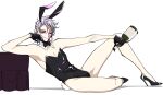  1boy alternate_costume alternate_hairstyle animal_ears bishounen black_bow black_bowtie black_gloves black_leotard blue_hair bottle bow bowtie commentary crossdressing detached_collar dripping english_commentary eyelashes eyeshadow gavis_bettel gigglepox gloves grey_hair hair_between_eyes hair_slicked_back high_heels highres holding holding_bottle holostars holostars_english knee_up leaning_back leotard looking_at_viewer makeup male_focus male_playboy_bunny multicolored_hair one_eye_closed pink_eyes pink_eyeshadow pink_hair playboy_bunny protected_link rabbit_ears rabbit_tail shiny_clothes short_hair simple_background sitting smile solo tail virtual_youtuber white_background 