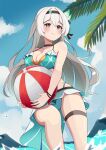  1girl absurdres ball bare_shoulders beach beachball bikini black_hairband blush breasts cleavage closed_mouth collarbone erushira firefly_(honkai:_star_rail) green_bikini hair_between_eyes hair_ornament hairband highres holding holding_ball holding_beachball honkai:_star_rail honkai_(series) large_breasts long_hair pink_eyes sarong smile swimsuit thigh_strap white_hair 