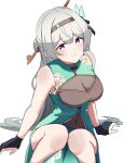 1girl absurdres alternate_costume alternate_hairstyle black_hairband blush breasts chinese_clothes chinese_hairpin cleavage closed_mouth covered_navel dress erushira firefly_(honkai:_star_rail) gloves green_dress grey_hair hair_between_eyes hair_ornament hairband highres honkai:_star_rail honkai_(series) large_breasts long_hair looking_at_viewer multicolored_eyes partially_fingerless_gloves pink_eyes simple_background sleeveless sleeveless_dress smile solo two-tone_eyes white_background 