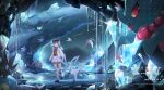  1girl artist_name bandana bandana_around_neck baseball_cap black_gloves black_hat black_shoes blue_hair cave_interior crystal fingerless_gloves flutter_mane full_body glaceon glimmora glint gloves hat highres jacket long_hair long_sleeves loose_socks open_clothes open_jacket open_mouth orange_bandana orange_gloves orange_vest original pabuk5w pleated_skirt pokemon pokemon_(creature) ponytail roaring_moon sandy_shocks scream_tail shoes sidelocks skirt socks standing two-tone_gloves vest watermark white_jacket white_skirt white_socks wide_shot yellow_eyes 