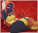  1girl absurdres armpits black_skin border bright_pupils cephalocrow closed_mouth colored_skin dress eyelashes finn_feeder_(splatoon) highres instrument long_hair looking_at_viewer lying on_side orange_eyes orange_hair outside_border red_background solo splatoon_(series) splatoon_2 violin wavy_hair white_border white_pupils yellow_dress 