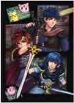  3boys blue_eyes blue_hair cape commentary_request fire_emblem fire_emblem:_mystery_of_the_emblem fire_emblem:_path_of_radiance fire_emblem:_the_binding_blade headband highres holding holding_sword holding_weapon ike_(fire_emblem) jigglypuff kirby kirby_(series) male_focus marth_(fire_emblem) moo103 multiple_boys pikachu pokemon pokemon_(creature) red_hair roy_(fire_emblem) short_hair super_smash_bros. sword tiara weapon 