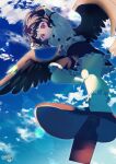  1girl arms_behind_head belt bird_wings black_belt black_hair black_skirt black_wings blue_sky bobby_socks breasts bug buttons closed_mouth cloud cloudy_sky commentary_request day feathered_wings fly frilled_skirt frills from_below geta hat highres kemo_chiharu legs midriff miniskirt navel outdoors pointy_ears puffy_short_sleeves puffy_sleeves red_eyes red_hat red_shoes shameimaru_aya shirt shoe_soles shoes short_sleeves skirt sky small_breasts smile socks solo tengu-geta tokin_hat touhou untucked_shirt white_shirt white_socks wings 
