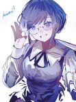  1girl :d adjusting_eyewear blue_theme breasts collared_shirt frilled_shirt frilled_sleeves frills fukurai_azami glasses hand_on_eyewear hand_up highres long_sleeves looking_at_viewer medium_breasts ok_sign romaji_commentary romaji_text shirt short_hair simple_background smile solo tarbo_(exxxpiation) toshi_densetsu_kaitai_center upper_body white_background 