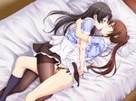  aida_takanobu apron bed bed_sheet black_hair brown_hair eye_contact french_kiss from_above game_cg hikawa_narumi inatori_akira kiss leg_between_thighs long_hair looking_at_another lying multiple_girls on_bed on_side pantyhose ponytail shiny shiny_skin sono_hanabira_ni_kuchizuke_wo thighs tongue tongue_out yuri 