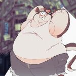 anthro belly belly_peeking_out big_man_(splatoon) bottomwear clothing fish grey_body hat headgear headwear hi_res male manta_ray marine moobs nintendo overweight ray_(fish) shirt shorts smile solo splatoon stingray swatch_txt tank_top topwear