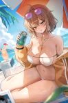  1girl anis_(nikke) anis_(sparkling_summer)_(nikke) bare_shoulders beach bikini blush breasts brown_eyes brown_hair can cleavage closed_mouth collarbone day drink eyewear_on_head goddess_of_victory:_nikke hashtag-only_commentary highres holding holding_can jacket jewelry large_breasts long_sleeves looking_at_viewer navel necklace off_shoulder official_alternate_costume outdoors parasol short_hair sitting smile solo sunglasses swimsuit thighs umbrella water white_bikini yam_s2 yellow_jacket 