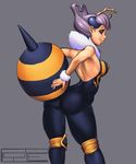  antennae ass back backless_outfit bee_girl blue_eyes bodysuit breasts collaboration colorized extra_eyes highres insect_girl knee_pads md5_mismatch medium_breasts monster_girl no_wings pantyhose polyle purple_hair q-bee short_hair solo spandex stinger vampire_(game) wrist_cuffs 