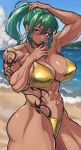 1girl abs absurdres arm_tattoo arm_up beach bikini blue_sky borrowed_character breasts closed_mouth commission cowboy_shot dark-skinned_female dark_skin earrings gold_bikini green_hair hair_tie_in_mouth hanafuda_earrings highres holding holding_own_hair jewelry kamomasaki large_breasts looking_at_viewer mixed-language_commentary mole mole_under_eye mouth_hold muscular muscular_female narumi_(hasturex) original outdoors ponytail red_eyes shoulder_tattoo sidelocks skeb_commission sky solo standing stomach stomach_tattoo swimsuit tattoo thick_thighs thighs tribal_tattoo tsurime wide_hips 