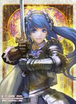  2012 armor art_nouveau blue_eyes blue_hair cape collaboration earrings gauntlets gloves jewelry knight leather leather_gloves lips long_hair original ponytail seisen_cerberus smile solo sword weapon xiaji yang_yang_(tigu) 