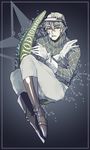  awaru bandages boots diego_brando gloves green_hair green_lipstick hat highres jojo_no_kimyou_na_bouken lipstick makeup male_focus scary_monsters_(stand) solo stand_(jojo) steel_ball_run sweater tail turtleneck 