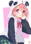  1girl ahoge animal_hood black_hoodie blush bow bowtie collared_shirt earrings fingernails green_nails green_skirt hair_behind_ear hair_ornament hairclip highres hood hoodie jewelry long_sleeves looking_at_viewer medium_hair multicolored_hair nail_polish nijisanji octopus_earrings ok_sign open_mouth panda_hood pink_background pink_bow pink_bowtie pink_eyes pink_hair pink_shirt plaid_clothes plaid_skirt sasaki_saku sasaki_saku_(1st_costume) shirt skirt solo streaked_hair tachibana_sora two-tone_background two-tone_hair two-tone_hoodie virtual_youtuber white_background white_hoodie 