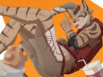 2025 4:3 anthro bottomwear brown_body brown_fur clothing deity felid feline food fur green_eyes hair hi_res leopard_cat male mammal nekojishi one_eye_closed prionailurus sawaku950809 shorts shu-chi solo striped_body striped_fur stripes studio_klondike tail tongue tongue_out topwear
