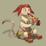  eating food full_body hat holding_pizza meow_(space_dandy) no_humans pizza samidaro shoes simple_background sitting slice_of_pizza solo space_dandy tail yellow_sclera 