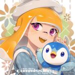  1girl :d artist_name beret blonde_hair blue_jacket blunt_bangs colored_tongue commission crossover fangs hat holding holding_pokemon inkling inkling_girl inkling_player_character jacket long_hair long_sleeves looking_at_viewer mihuashi_logo open_clothes open_jacket open_mouth pabuk5w pink_eyes piplup pointy_ears pokemon pokemon_(creature) portrait shirt shoulder_strap smile splatoon_(series) tentacle_hair watermark white_hat white_shirt yellow_tongue 