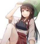  akagi_(kantai_collection) blush brown_eyes brown_hair bucket bucket_on_head japanese_clothes kantai_collection long_hair muneate object_on_head solo translated twitter_username veryberry00 