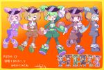  &gt;_o 5girls ;d absurdres animal_ears arm_up blonde_hair blush_stickers boots border brown_boots brown_hair brown_hat brown_pants brown_shirt commentary_request crossed_arms full_body gloves gradient_background green_boots green_eyes green_hair green_hat green_pants green_shirt grey_boots grey_eyes grey_hair grey_hat grey_pants grey_shirt hand_on_own_hip hand_up hands_on_own_face hat highres index_finger_raised long_hair long_sleeves looking_at_viewer multiple_girls multiple_persona neck_ribbon nekomo_(yumenkmc) one_eye_closed open_mouth orange_background outstretched_arm own_hands_together pants pea_pod pink_boots pink_eyes pink_hair pink_hat pink_pants pink_ribbon pink_shirt pixel_art_inset ponytail puffy_pants red_eyes ribbon shirt signature smile translation_request voicevox w white_gloves yellow_background yellow_border yellow_eyes zundamon 