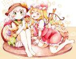  2girls ascot barefoot black_hat blonde_hair bloomers blush bow buttons closed_eyes collared_shirt commentary_request crystal crystal_wings diamond_button donut eyeball flandre_scarlet food food_request frilled_shirt_collar frilled_skirt frilled_sleeves frills green_hair green_skirt hat hat_bow heart heart_of_string holding holding_donut holding_food komeiji_koishi mob_cap multicolored_wings multiple_girls one_side_up open_mouth oversized_food oversized_object puffy_short_sleeves puffy_sleeves red_skirt red_vest shiro_tsugumi shirt short_sleeves sitting skirt skirt_set smile third_eye toes touhou vest white_bloomers white_hat white_shirt wings wrist_cuffs yellow_ascot yellow_bow yellow_shirt 