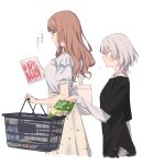  2girls anon_tokyo_(bang_dream!) bag bang_dream! bang_dream!_it&#039;s_mygo!!!!! black_shirt brown_hair brown_skirt candy commentary food hashtag-only_commentary highres kanade_(kanade_3344) kaname_raana layered_sleeves long_hair long_sleeves matcha_(food) multiple_girls nagasaki_soyo shirt shopping_basket short_hair short_over_long_sleeves short_sleeves shoulder_bag sidelocks simple_background skirt translation_request white_background white_hair white_shirt 