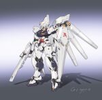  absurdres beam_rifle char&#039;s_counterattack char&#039;s_counterattack_-_beltorchika&#039;s_children commentary energy_gun fin_funnels full_body fusion green_eyes gun gundam hi-nu_gundam highres holding holding_gun holding_weapon mecha mobile_suit no_humans nu_gundam redesign robot science_fiction shield solo v-fin weapon z-y- 