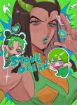  3girls :o :p bare_shoulders bent_over blush braid breasts bun_with_braided_base chibi chibi_inset copyright_name double_bun dreadlocks ermes_costello eyelashes facial_tattoo foo_fighters_(jojo) forehead_tattoo green_background green_eyes green_hair green_lips green_outline green_overalls green_sweater hair_bun half-closed_eyes hand_up highres holding jitome jojo_no_kimyou_na_bouken kujo_jolyne lightning_bolt_symbol lipstick long_hair looking_at_viewer makeup matubaru_chan medium_breasts multicolored_hair multiple_girls orange_sweater outline overalls shirt short_hair sleeveless sleeveless_shirt solo_focus spider_web_print sticker stone_ocean sweater tattoo tongue tongue_out two-tone_hair two-tone_sweater white_outline 