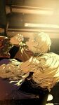  2boys 43_island aged_down axis_powers_hetalia blonde_hair blush cloak closed_eyes france_(hetalia) green_eyes highres indoors interlocked_fingers long_sleeves looking_at_another male_focus medium_hair multiple_boys open_mouth own_hands_clasped own_hands_together praying short_hair sideways stained_glass thick_eyebrows united_kingdom_(hetalia) window 