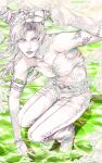  1girl adapted_costume arm_tattoo armlet bare_shoulders barefoot birthmark bracelet breasts bug butterfly butterfly_ornament cleavage commentary cone_hair_bun double_bun english_commentary full_body gem gloves green_nails green_water hair_bun highres jewelry joestar_birthmark jojo_no_kimyou_na_bouken kujo_jolyne lace lace-trimmed_gloves lace_gloves lace_trim long_hair looking_at_viewer makeup midriff multiple_rings pants parted_bangs parted_lips ring solo spot_color squatting stone_ocean strapless tattoo water zhhy3324 