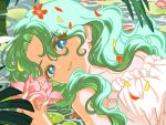  1girl bishoujo_senshi_sailor_moon closed_mouth commentary dress eyelashes flower green_hair hashtag-only_commentary highres kaiou_michiru long_hair looking_at_viewer lotus lying on_back prettysavage30 sailor_neptune smile solo symbol-only_commentary wavy_hair white_dress yellow_petals 