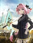  1boy astolfo_(fate) black_bow black_dress bow braid crossdressing dress emblem fate/apocrypha fate/grand_order fate_(series) flag hair_bow hair_intakes highres holding holding_sword holding_weapon multicolored_hair multiple_hair_bows otoko_no_ko over_shoulder pink_hair planted planted_sword single_braid solo streaked_hair sword sword_over_shoulder war weapon weapon_over_shoulder white_hair yodaka 