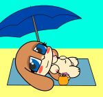 alcohol anthro beach beach_towel beach_umbrella beverage blue_eyes blush blush_stickers breasts brown_body brown_fur caramel_(lunamann) cocktail cocktail_garnish cocktail_umbrella eyelashes female fur hi_res lagomorph leporid looking_at_viewer lunamann lying mammal navel nipples nude nude_beach on_back parasol paw_on_belly rabbit simple_background smile smiling_at_viewer solo towel vagina