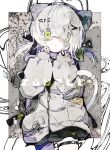  1girl absurdres animal_ears black_nails black_skirt cat_ears cat_girl cat_tail cowboy_shot fingernails glasses green_eyes grey_jacket hair_over_one_eye hands_up highres jacket looking_at_viewer original red-framed_eyewear skirt solo soresaki tail twintails white_hair 