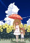  age_difference ahoge arm_at_side bare_arms birthday black_skirt blonde_hair blue_eyes blue_sky bow bowtie brown_hat brown_shoes butterfly_net child closed_mouth cloud cloudy_sky contrail cumulonimbus_cloud day dress field flower flower_field hair_intakes hair_ribbon hand_net hand_up hashtag-only_commentary hat height_difference holding holding_butterfly_net holding_hands holding_umbrella irotoridori_no_sekai looking_at_viewer medium_dress miniskirt mother_and_daughter nikaidou_shinku nikaidou_sora outdoors parted_lips pink_umbrella red_bow red_bowtie red_eyes red_ribbon ribbon ribbon-trimmed_dress ribbon_trim sandals shadow shirt shoes sketch skirt sky sleeveless sleeveless_dress slides smile standing straw_hat summer sundress sunflower sunflower_field takakura two_side_up umbrella white_dress white_sandals white_shirt 