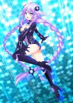  1girl binary blue_eyes braid breasts cleavage gloves hair_ornament highres kokonotsu_(mozu) leotard long_hair medium_breasts neon_trim neptune_(neptunia) neptune_(series) open_mouth power_symbol power_symbol-shaped_pupils purple_hair purple_heart_(neptunia) solo symbol-shaped_pupils twin_braids very_long_hair 