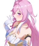  1girl absurdres bare_shoulders breasts cleavage corset diamond-shaped_pupils diamond_(shape) elf elysia_(herrscher_of_human:_ego)_(honkai_impact) elysia_(honkai_impact) gloves gude_(gudechang) highres honkai_(series) honkai_impact_3rd large_breasts long_hair looking_at_viewer open_mouth pink_hair pointy_ears purple_eyes simple_background solo symbol-shaped_pupils very_long_hair white_background white_corset white_gloves 