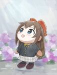  absurdres black_jacket black_shoes blue_eyes blush brown_hair commentary_request flower hair_ribbon highres jacket long_hair love_live! love_live!_nijigasaki_high_school_idol_club neck_ribbon nijigasaki_school_uniform open_mouth osaka_shizuku outdoors rain ribbon school_uniform shoes skirt smile solo stuffed_toy tata_(tataice) wet white_skirt yellow_ribbon 