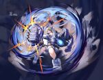  1girl :t bare_legs bare_shoulders blonde_hair blue_eyes blue_hair blue_shoes breasts chest_harness closed_mouth covered_navel english_text full_body gauntlets glowing glowing_eyes hair_between_eyes hair_ornament hairclip harness highleg highleg_leotard highres huge_weapon leotard long_hair looking_at_viewer mechanical_arms medium_breasts morros multicolored_hair multicolored_leotard multicolored_shoes original pouch power_fist powering_up shoes sneakers solo streaked_hair taut_leotard tekkou-chan_(morros) thigh_pouch thigh_strap triangle_hair_ornament twintails two-tone_hair two-tone_leotard two-tone_shoes weapon white_shoes white_sneakers zoom_layer 