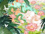  1girl bishoujo_senshi_sailor_moon blue_eyes closed_mouth commentary dress flower hashtag-only_commentary highres kaiou_michiru long_hair looking_at_viewer lotus lying on_back outdoors petals prettysavage30 sailor_neptune smile solo symbol-only_commentary wavy_hair white_dress yellow_petals 