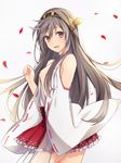  black_hair blush brown_eyes detached_sleeves hand_on_own_chest haruna_(kantai_collection) headgear kantai_collection long_hair looking_at_viewer nontraditional_miko petals skirt solo white_background yue_teitoku 