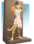2025 abs anthro artist_logo artist_name balls biceps big_balls big_penis blonde_hair boosterpang bottomwear claws clothed clothing countershade_face countershade_torso countershading digital_drawing_(artwork) digital_media_(artwork) eye_through_hair eyebrow_through_hair eyebrows felid full-length_portrait fur genitals hair hands_behind_head hi_res huge_balls huge_penis logo male mammal muscular muscular_male nipples one_eye_closed orange_body pecs penis penis_poking_out penis_through_leghole portrait shower skimpy solo standing striped_body striped_fur stripes tail text toe_claws topless topless_anthro topless_male translucent translucent_hair wet wet_body wet_bottomwear wet_clothing wet_fur white_bottomwear white_clothing wink