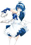  absurdres ahoge apron blue_hair cuffs eyepatch green_eyes handcuffs highres ikkitousen maid maid_headdress ryomou_shimei shiozaki_yuji short_hair solo thighhighs 