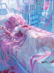  1girl arm_up bandaged_arm bandaged_leg bandages bed blood blood_on_arm blood_on_clothes blood_on_ground blood_on_knife cardiogram hair_flowing_over hair_over_eyes highres hospital hospital_bed hospital_gown implied_self-harm injury intravenous_drip jiye_p1 knife leg_lift long_hair looking_at_viewer lying on_back on_bed original pill_hair_ornament pink_eyes pink_hair pink_ribbon ribbon short_twintails sidelighting solo twintails very_long_hair 