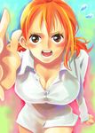  1girl breasts cleavage collared_shirt large_breasts nami nami_(one_piece) one_piece one_piece:_strong_world orange_hair shirt sitting 