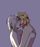  2boys axel_syrios black_nails blonde_hair blush braid closed_eyes collarbone commentary english_commentary french_kiss gigglepox grey_background hand_on_another&#039;s_back highres holostars holostars_english kiss magni_dezmond male_focus multicolored_hair multiple_boys nude protected_link short_hair simple_background single_braid spiked_ear_piercing streaked_hair teeth upper_body yaoi 
