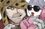  1boy achtung_baby baby beanie beard cheek_squash coat commentary commentary_request diamond_wa_kudakenai facial_hair glasses gloves green_eyes green_necktie grey_hat hat highres invisible jojo_no_kimyou_na_bouken joseph_joestar joseph_joestar_(old) luen24755844 makeup male_focus mustache necktie old old_man open_mouth pince-nez red_coat red_lips shizuka_joestar sunglasses sweat teeth white_background white_gloves yellow_hat 