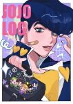  1boy absurdres adam&#039;s_apple bag bandaid bandaid_on_cheek bandaid_on_face battle_tendency black_border black_hair blue_eyes blue_jacket blush border character_charm charm_(object) diamond_wa_kudakenai drawn_heart drawn_star english_text eyelashes family gakuran giorno_giovanna halftone hand_in_own_hair heart higashikata_josuke highres jacket jojo_no_kimyou_na_bouken jonathan_joestar joseph_joestar kujo_jolyne kujo_jotaro looking_at_viewer male_focus matubaru_chan multiple_boys outside_border peace_symbol phantom_blood pompadour purple_background school_bag school_uniform shirt solo sparkle stardust_crusaders stone_ocean vento_aureo white_border yellow_shirt 