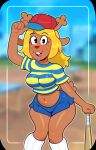 absurd_res anthro antlers baseball_bat baseball_cap bat_(object) blurred_background bottomwear buckteeth clothed clothing crop_top deer deltarune female hat headgear headwear hi_res horn looking_at_viewer mammal midriff new_world_deer noelle_holiday reindeer shirt shorts solo somescrub teeth topwear undertale_(series)
