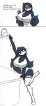 anthro big_breasts black_body black_hair blush breasts choker cleavage clothed clothing comic container cookie_jar english_text female hair helluva_boss hi_res huge_breasts jar jewelry legwear necklace octavia_(helluva_boss) pace-maker panties reaching shirt small_waist solo text thigh_highs topwear underwear wide_hips