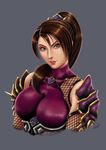  absurdres armor bodysuit breasts brown_hair eyeshadow fishnets green_eyes grey_background highres large_breasts lips long_hair makeup maltoniko md5_mismatch ninja nose ponytail purple_bodysuit shoulder_armor solo soulcalibur spaulders taki_(soulcalibur) upper_body 