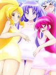 aino_megumi blonde_hair blue_hair blush clenched_teeth cure_fortune cure_honey cure_lovely cure_princess grin happinesscharge_precure! highres hikawa_iona long_hair looking_at_viewer magical_girl mameshiba multiple_girls oomori_yuuko open_mouth pink_eyes pink_hair ponytail precure purple_eyes purple_hair pushing_away shirayuki_hime smile teeth towel wide_ponytail yellow_eyes 