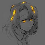  1other closed_mouth collared_shirt colored_sclera e.g.o_(project_moon) employee_(project_moon) extra_eyes glowing glowing_eyes greyscale highres lamp_(e.g.o) lobotomy_corporation looking_to_the_side monochrome necktie nugget_(project_moon) portrait project_moon shirt simple_background solo spot_color yatsumeunagi yellow_sclera 